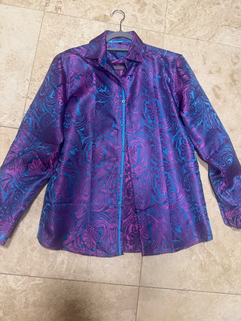 Silky Paisley Button-Up Shirt in Purple & Teal